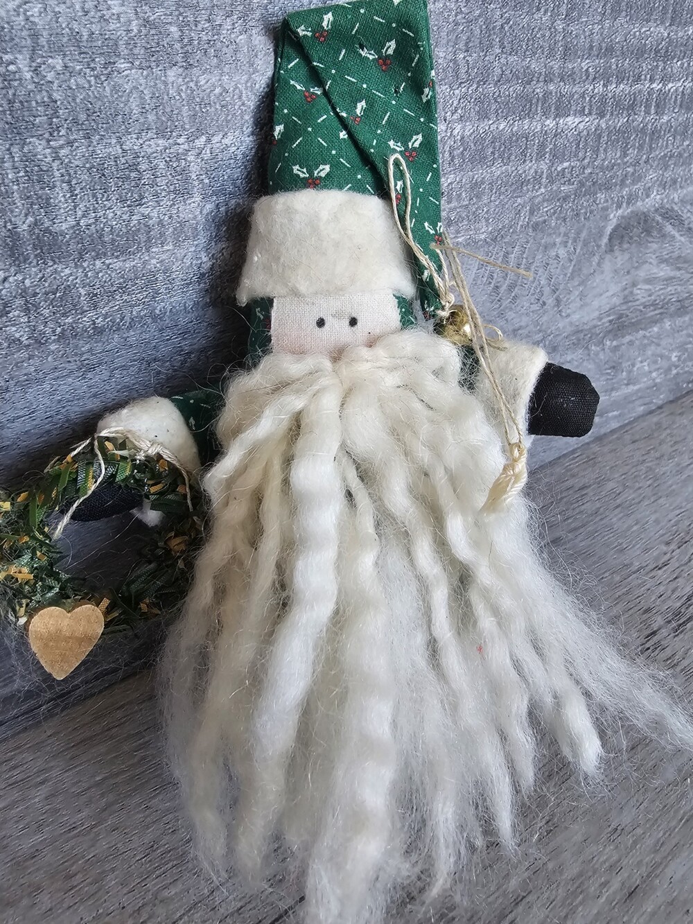 Vtg Folk Art Green Santa Clause 6" Figure Christmas Ornament Hand-crafted 206d